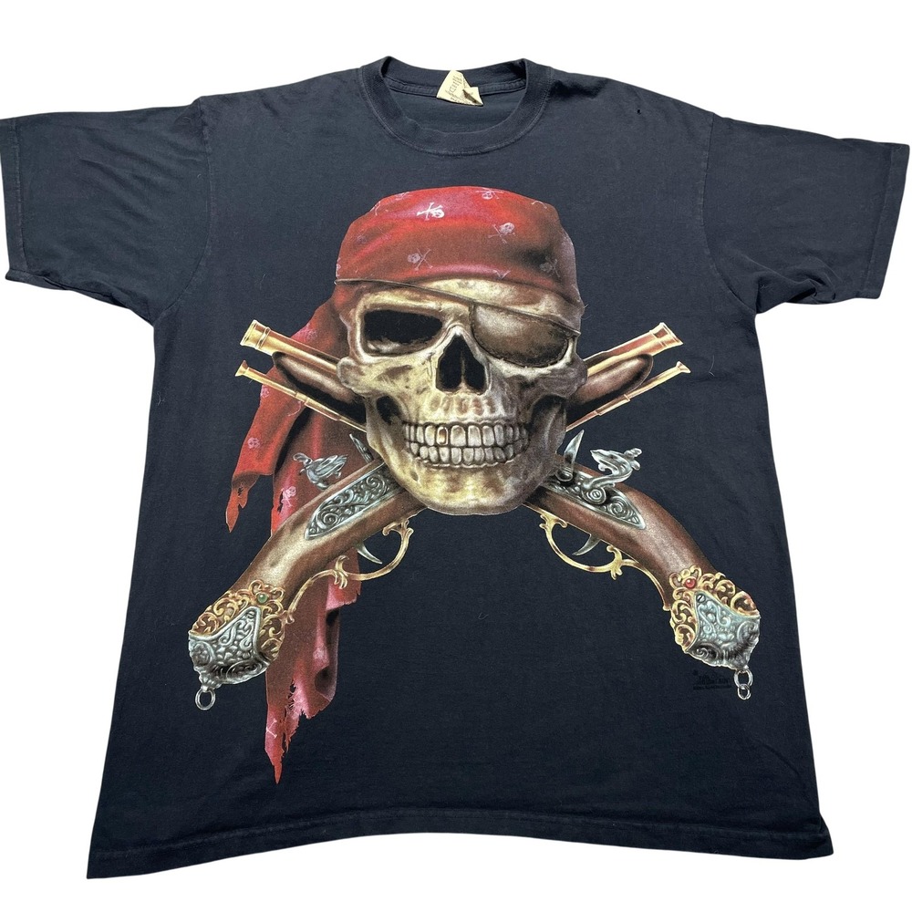 The Mountain Shirt Mens Large Black Pirate Skull Crossed Pistols Graphic Tee Y2K